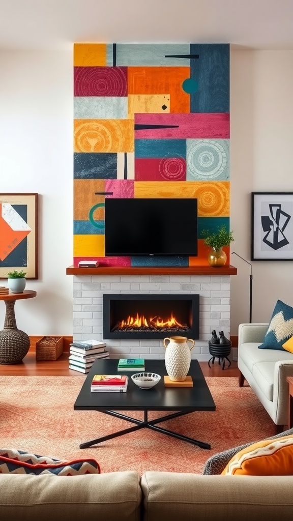 Living room featuring a colorful accent wall with a TV above a gas fireplace