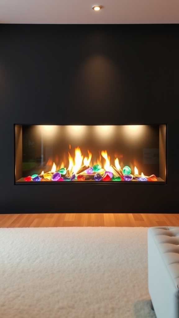 Modern gas fireplace with colorful fire glass