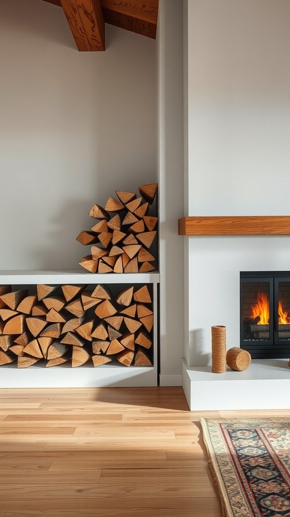 A modern rustic fireplace with neatly stacked firewood storage beside it.