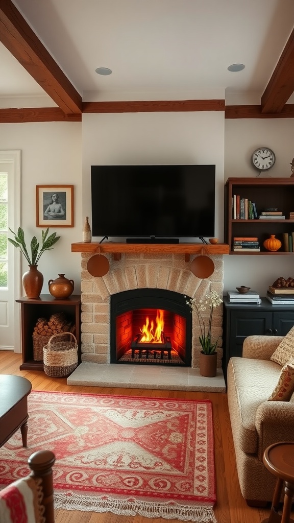 Cozy living room with a gas fireplace and TV above it, featuring cottage-style decor.