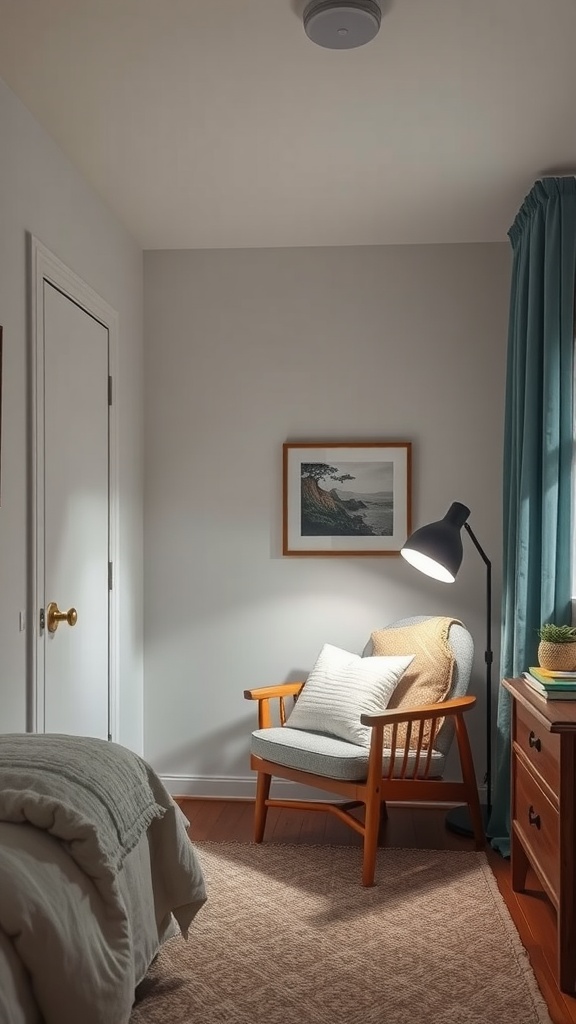 A cozy reading nook in a small bedroom with a wooden chair, cushions, and a lamp.