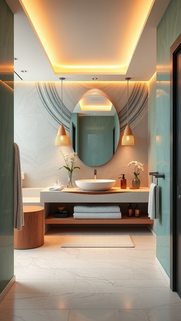 A serene Japandi bathroom featuring green walls, warm lighting, and natural wood accents.