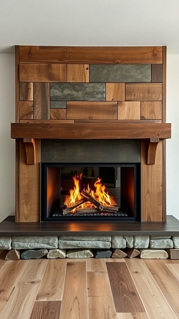A modern rustic fireplace featuring a glass front, wooden mantel, and stone base.