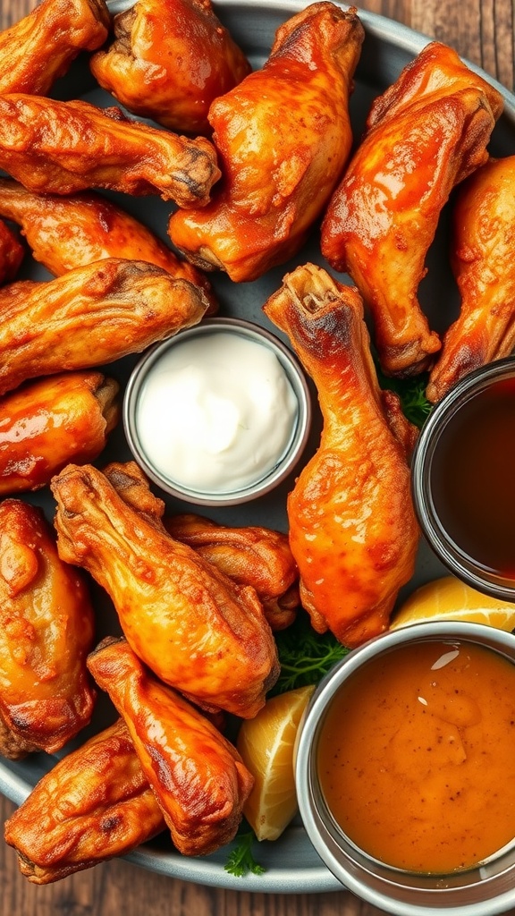 A platter of crispy chicken wings with dipping sauces