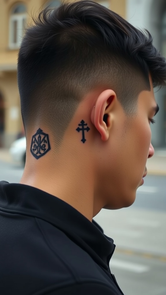 A man with two tattoos behind his ear, showcasing a geometric design and a cross, symbolizing cultural and religious significance.