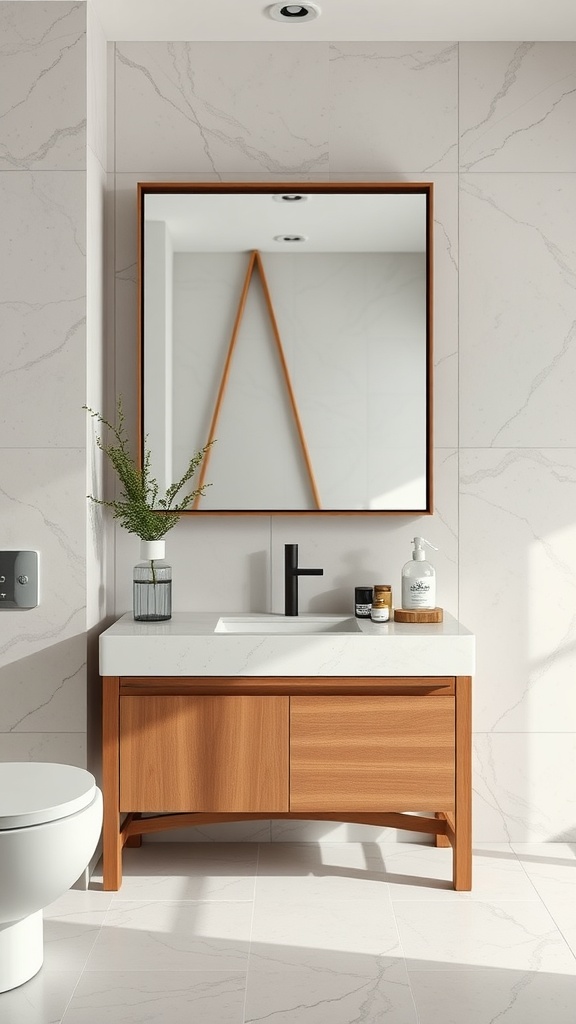 A stylish Japandi bathroom featuring a wooden vanity with a white countertop, black faucet, and decorative items.