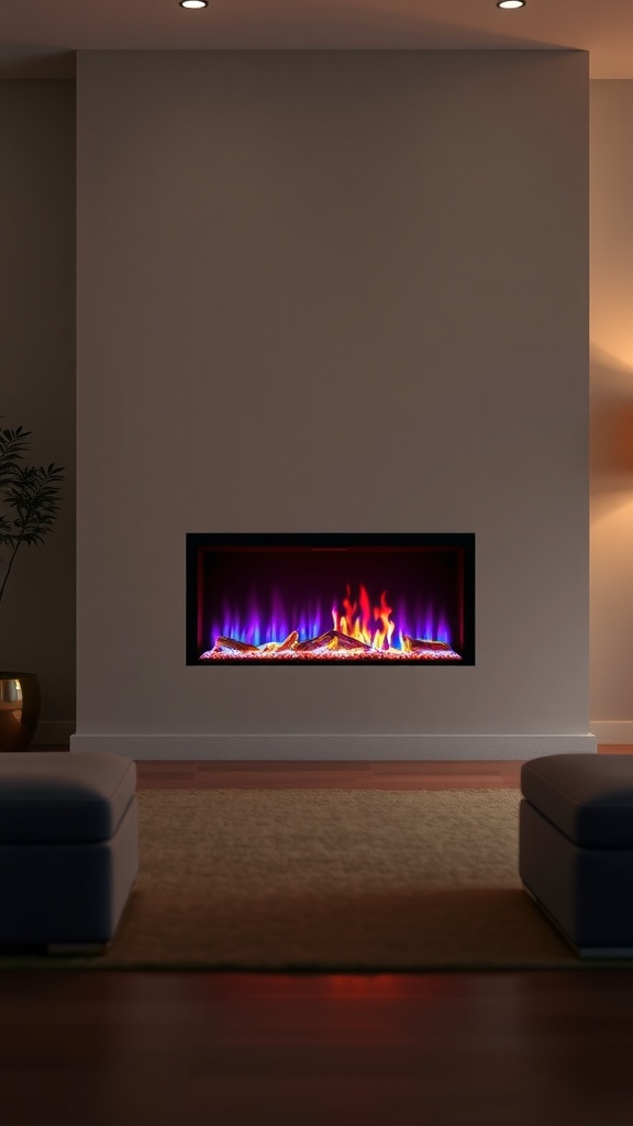 A modern gas fireplace with customizable flame colors in a contemporary living room setting.