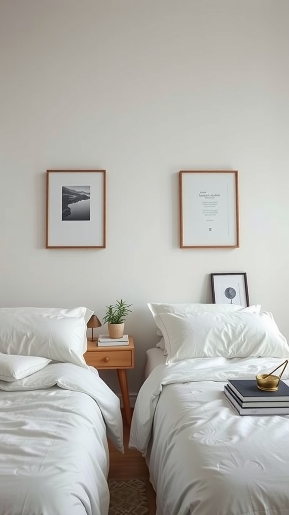 Minimalist bedroom with decluttered nightstands, featuring plants and books.