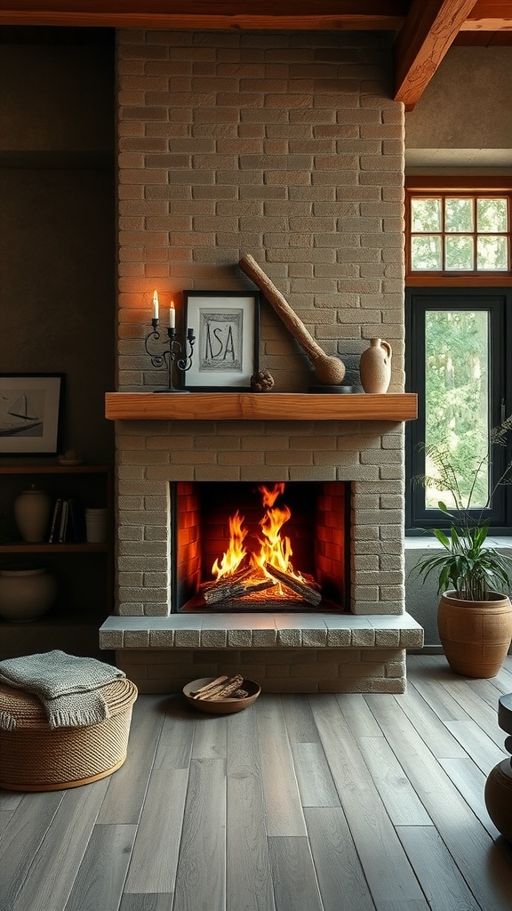 A modern rustic fireplace featuring a bioethanol fire, surrounded by natural decor and warm lighting.
