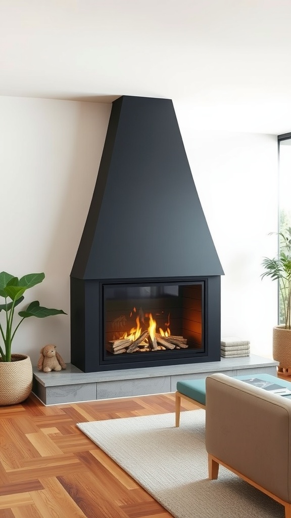 A modern gas fireplace in a stylish living room featuring a black chimney, wooden flooring, and cozy seating.