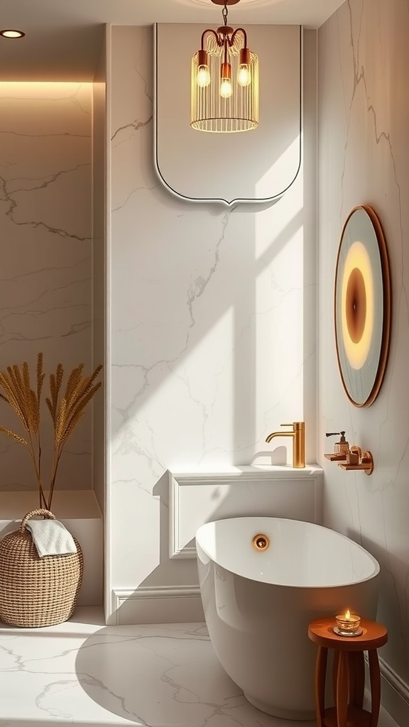 A stylish Japandi bathroom featuring elegant lighting fixtures and a serene atmosphere.