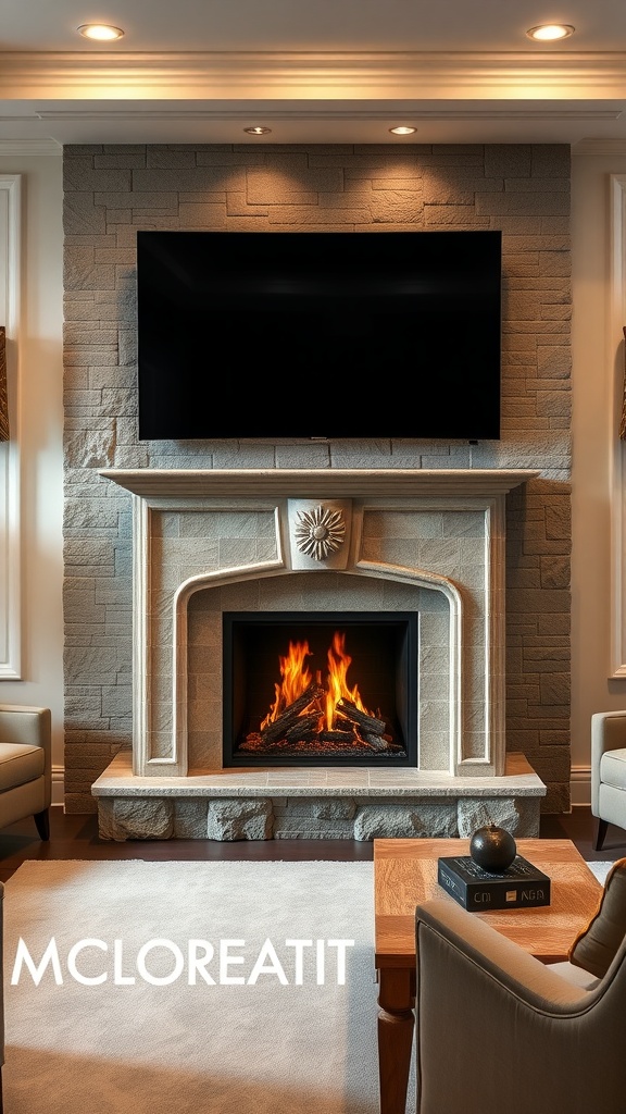 Elegant stone fireplace with TV above, creating a cozy living space.