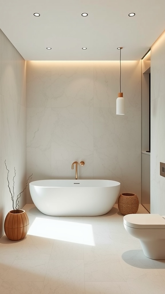 A minimal Japandi bathroom featuring a freestanding bathtub, wooden accents, and soft lighting.