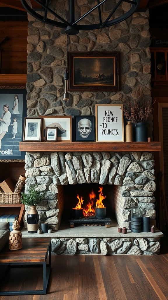 A rustic stone fireplace with art displays, including framed pictures and decorative vases.