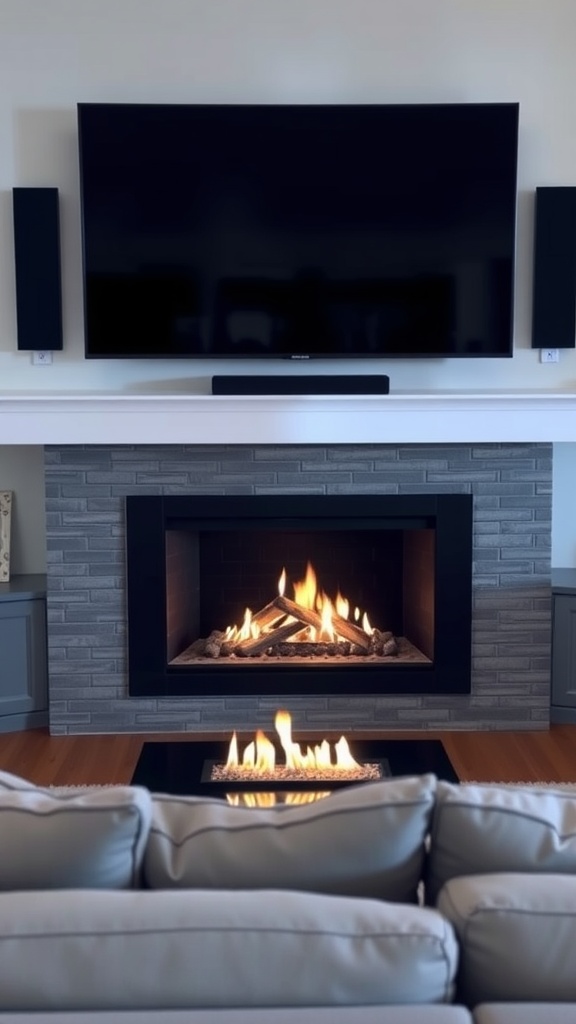 Modern gas fireplace media center with a TV above it