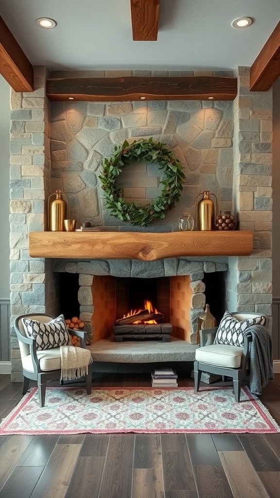 A cozy fireplace nook with two chairs, decorative items, and a warm fire.