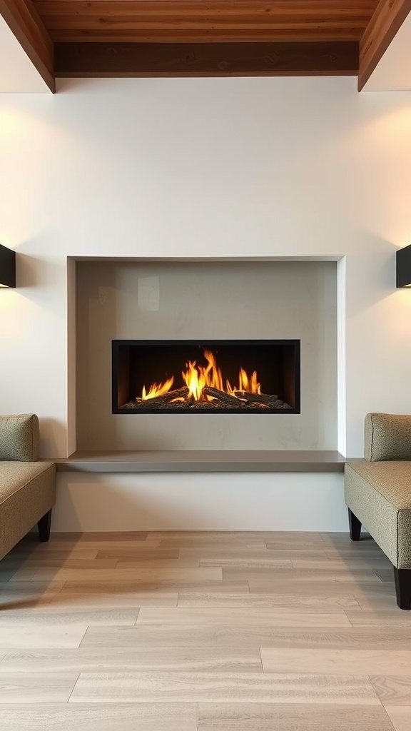 Modern gas fireplace with built-in seating on either side.