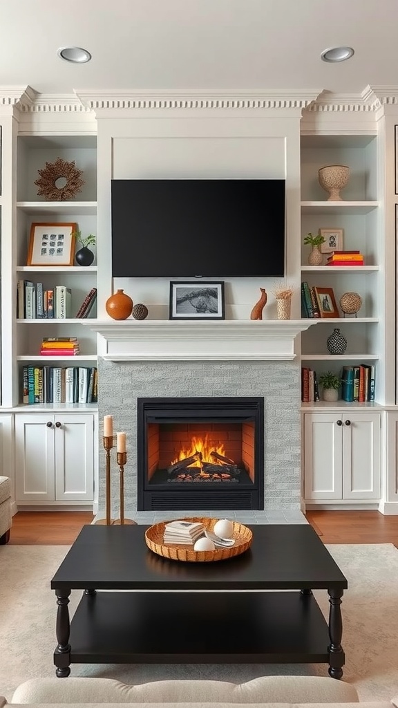 Gas fireplace with built-in shelves and TV above