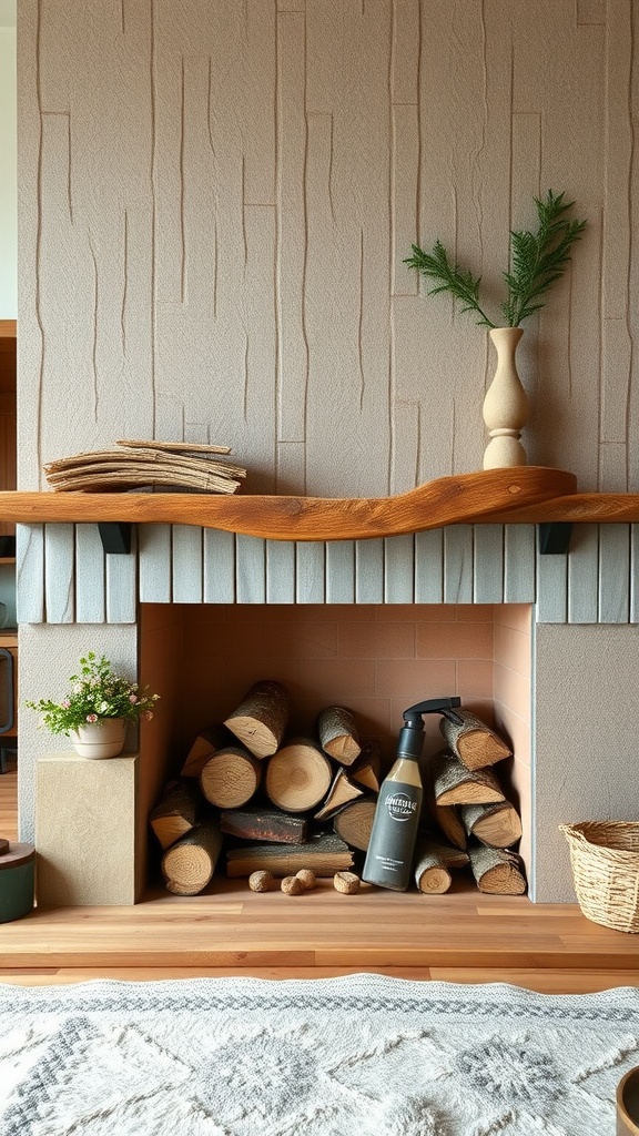 A modern rustic fireplace with built-in storage for logs, featuring a natural wood mantel and a small plant.