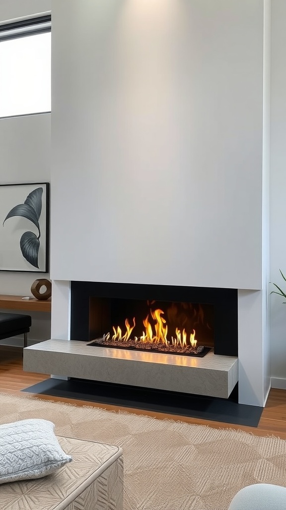 A modern gas fireplace with a floating stone hearth and flames.