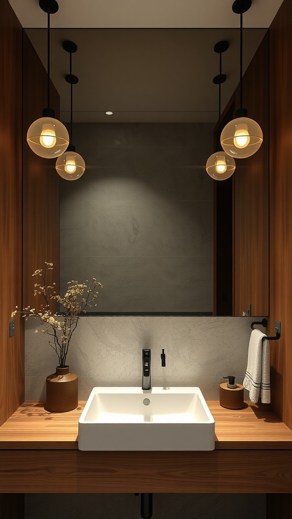 A modern bathroom with floating vanity lights and a wooden vanity.