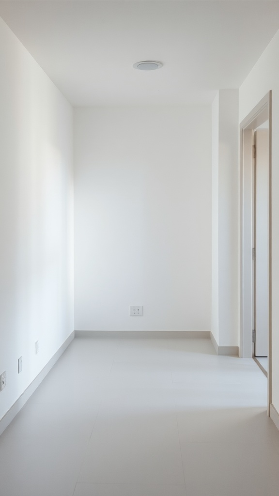 A minimalist bedroom with light-colored flooring and plain walls