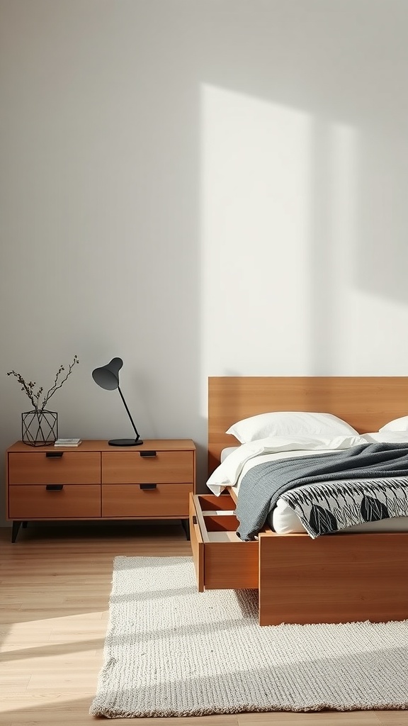 Minimalist bedroom with a wooden bed, storage drawers, and a sleek lamp