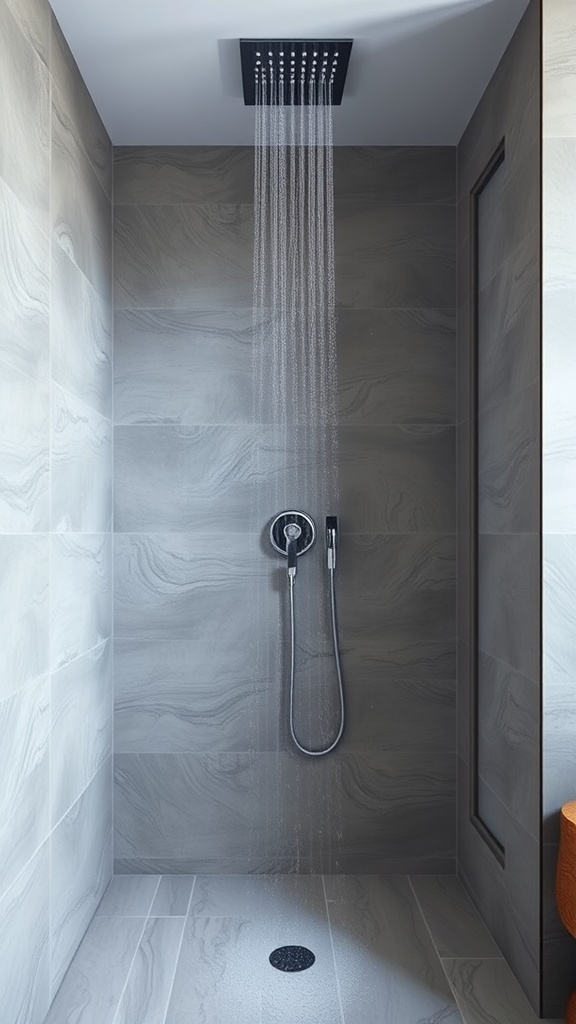 A modern shower design featuring a large overhead showerhead and gray tiles in a Japandi bathroom.