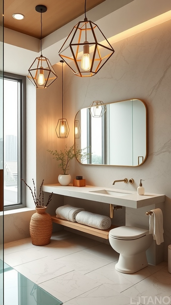 A modern Japandi bathroom featuring geometric light fixtures, a marble sink, and wooden accents.