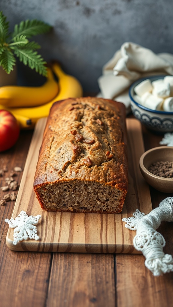 A fresh loaf of gluten-free banana bread on a wooden cutting board.