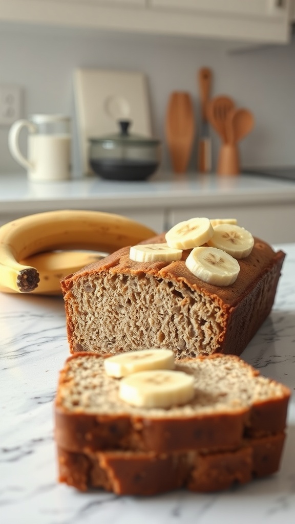 A sliced loaf of healthy banana bread with whole wheat flour topped with banana slices