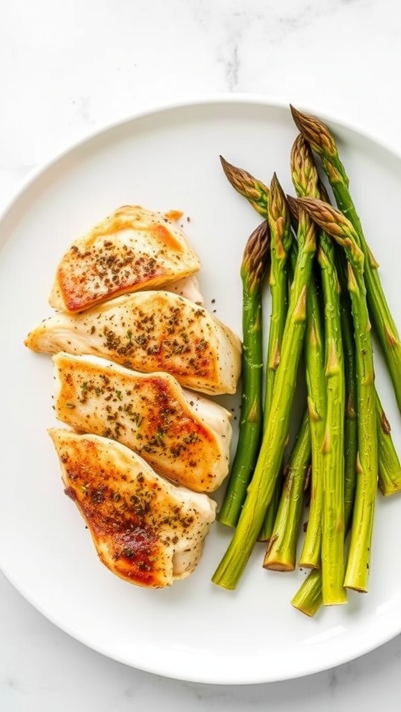 Herbed air fryer chicken breasts with asparagus on a white plate.