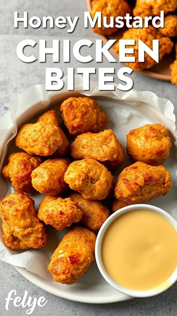 Delicious honey mustard chicken bites served with dipping sauce.