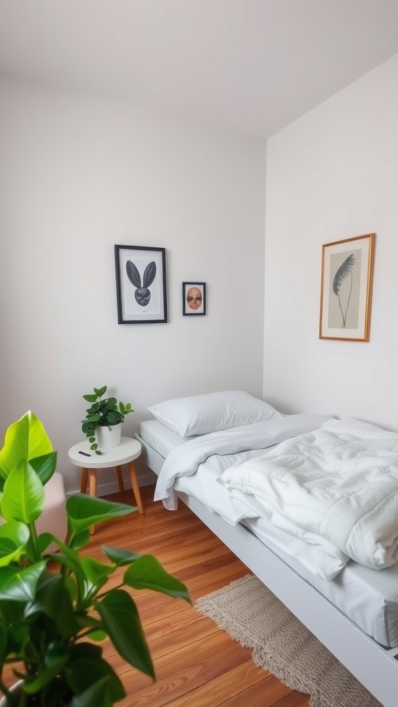 A minimalist bedroom featuring a simple bed, white linens, and a green plant on a small table.