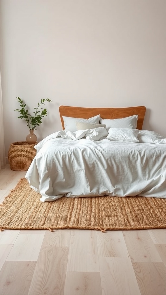 A minimalist bedroom featuring a bed with white linens, a woven rug, and a plant.