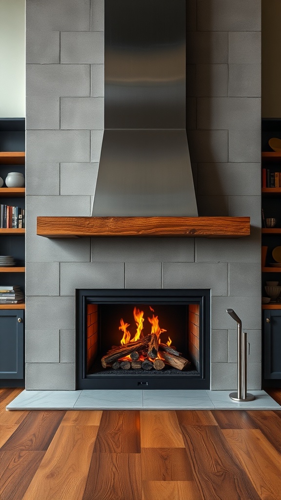 Modern rustic fireplace with industrial metal accents, featuring a sleek metal chimney, wooden mantel, and concrete block surround.