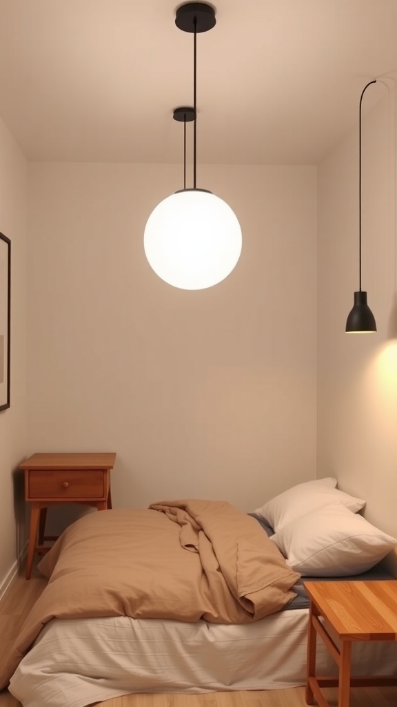 A minimalist bedroom featuring a round pendant light and a wall-mounted lamp, creating a cozy atmosphere.