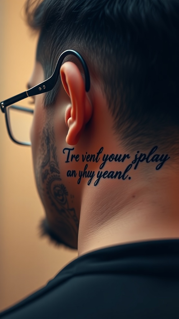 A close-up view of a man's behind the ear tattoo featuring an inspirational quote in a stylish script.