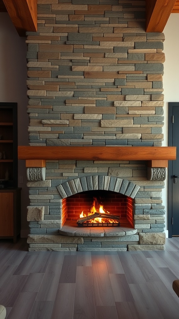A modern rustic fireplace made of stone with a warm fire burning.