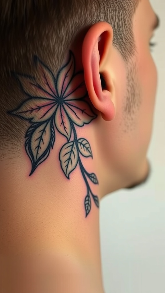 A close-up view of an intricate floral tattoo behind the ear.