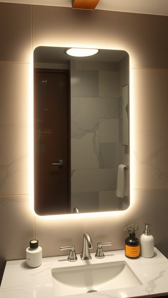 A lighted mirror in a modern bathroom with a sleek design and soft lighting.