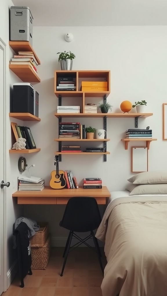 A minimalist bedroom showcasing vertical shelves and a compact desk, designed to maximize space.