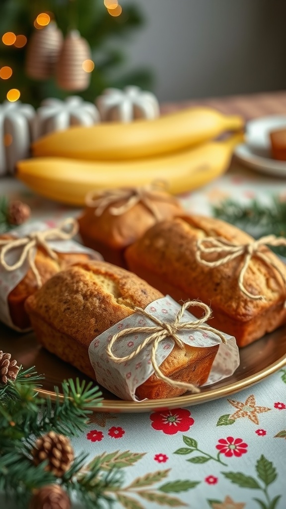 Mini banana bread loaves wrapped for gifting