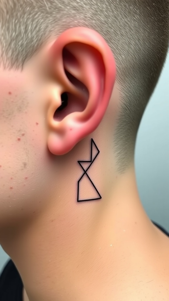 A minimalist geometric tattoo of overlapping triangles behind the ear.