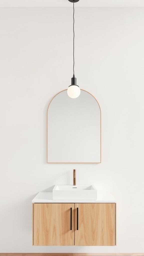 Minimalist bathroom featuring a pendant light above a sink with wooden cabinets and an arch mirror