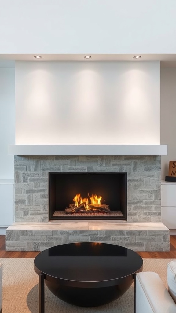 A minimalist stone fireplace with a modern design featuring a black insert and natural stone base, surrounded by a light room, complemented by a round coffee table.