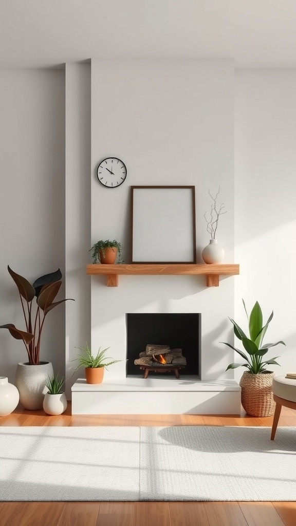 A minimalist fireplace with a wooden mantel, plants, and a clock in a bright room