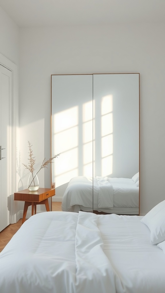 A minimalist bedroom with a large mirror reflecting light and creating an illusion of space