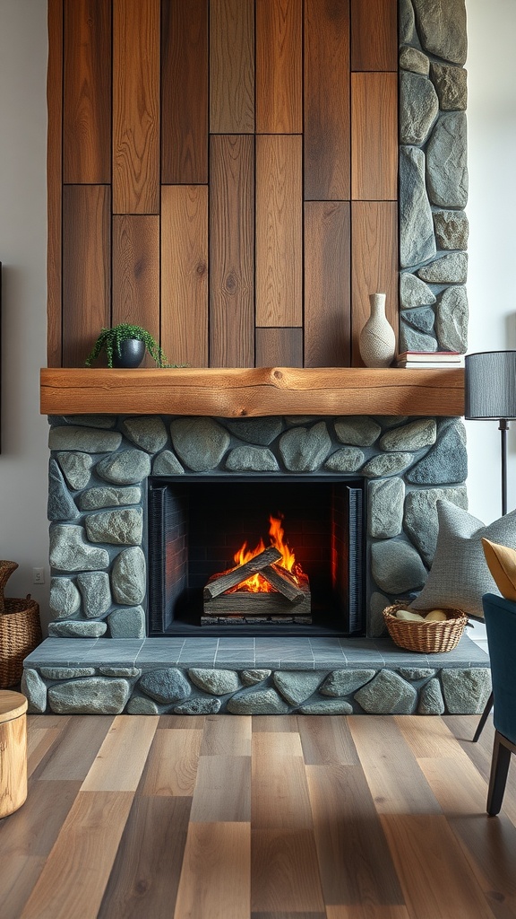 A modern rustic fireplace featuring a wooden wall, stone surround, and cozy decor elements.