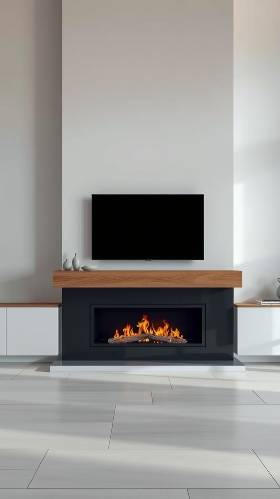 Modern minimalist living room with a TV above a gas fireplace